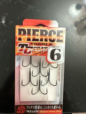 Ryugi Pierce Treble Hooks, Size 6, 6 Medium Heavy Wire Treble Hooks Per Pack. TC Coat