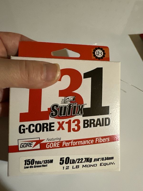 Sufix G-Core X13 Braid 150yds, 50lb Test. Low Vis Green. NIB