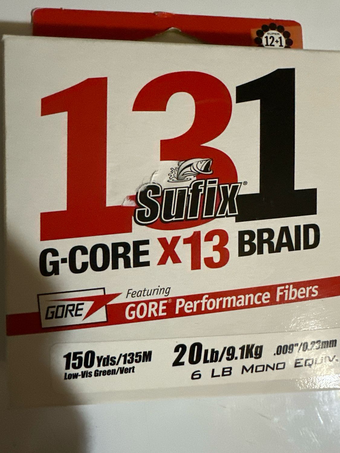 Sufix G-Core X13 Braid. 20lb Test. 150yds, Low Vis Green