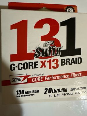 Sufix G-Core X13 Braid. 20lb Test. 150yds, Low Vis Green