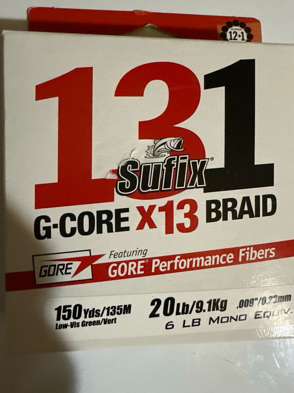 Sufix G-Core X13 Braid. 20lb Test. 150yds, Low Vis Green