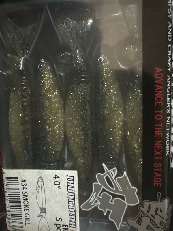 Dranckrazy Induction 4 Eye. #34 Smoke Gill. 4” JDM VERY Flexible Tail End (multi Jointed At Tail End). New In Package.