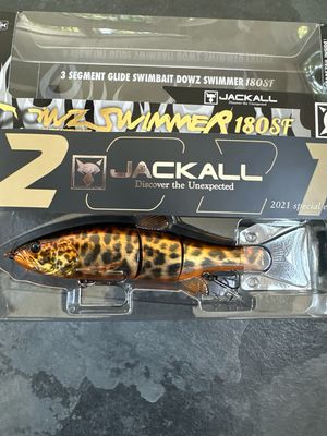 Jackall Dowz Swimmer 180SF 2021 Special Edition Blazing Leopard (Amazing Color). 3 Segment JDM Glide Swimbait 2oz Class, 180mm Spare Tail Included. New In Package.