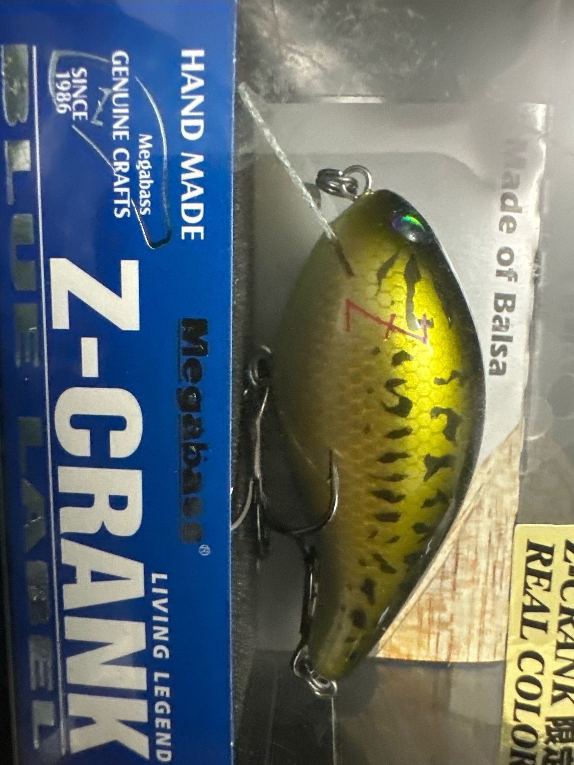 Megabass Z-Crank Blue Label “Bass”. Hand Carved Balsa Wood. Discontinued &amp; Hard To Find. NIB.