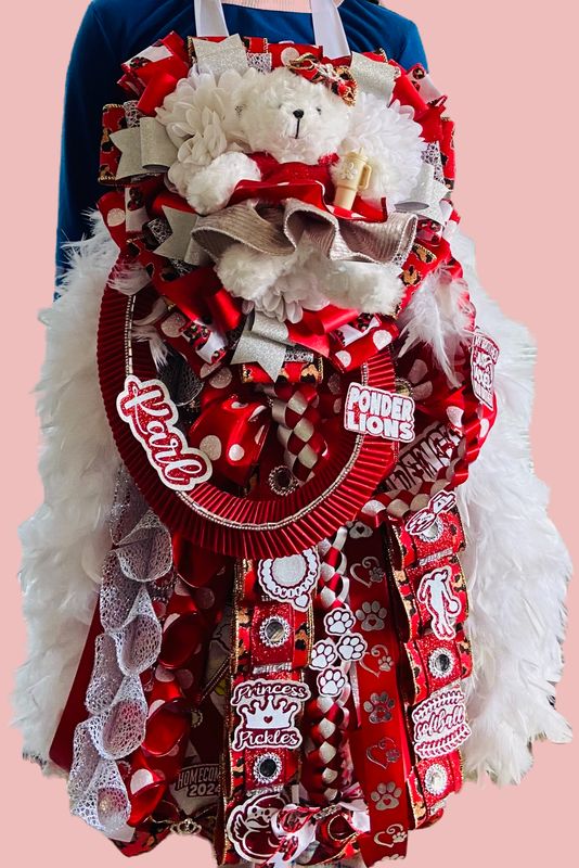 Littles Collection Elite Triple Mum in Red, White, and Cheetah Print with Decorative Ribbons and Full Bling for Homecoming