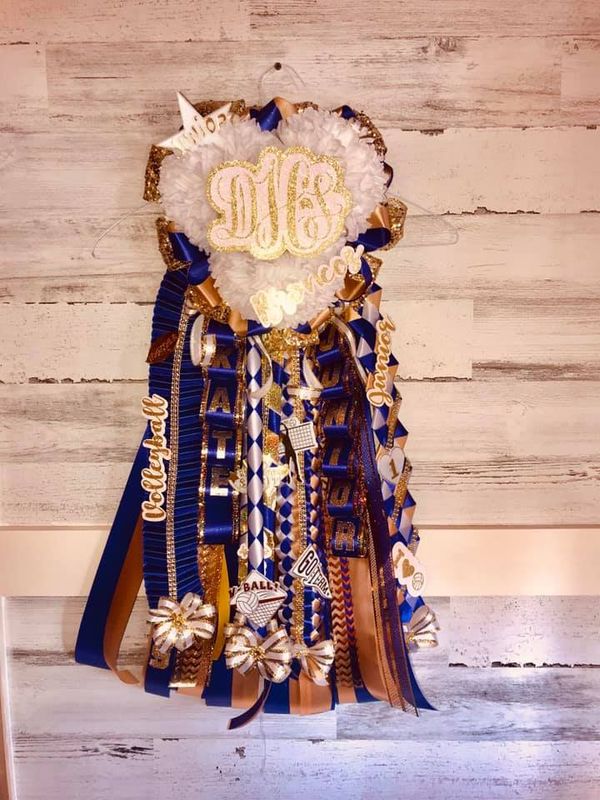 Junior Collection Triple Mum in Purple, White, and Gold for Denton High School with Decorative Ribbons and Custom Cutouts for Homecoming