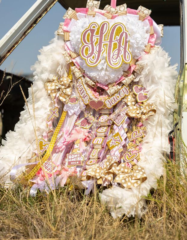 Elite Heart Shape Senior Mum in Pink and Gold with Full Bling and Decorative Ribbons for Homecoming