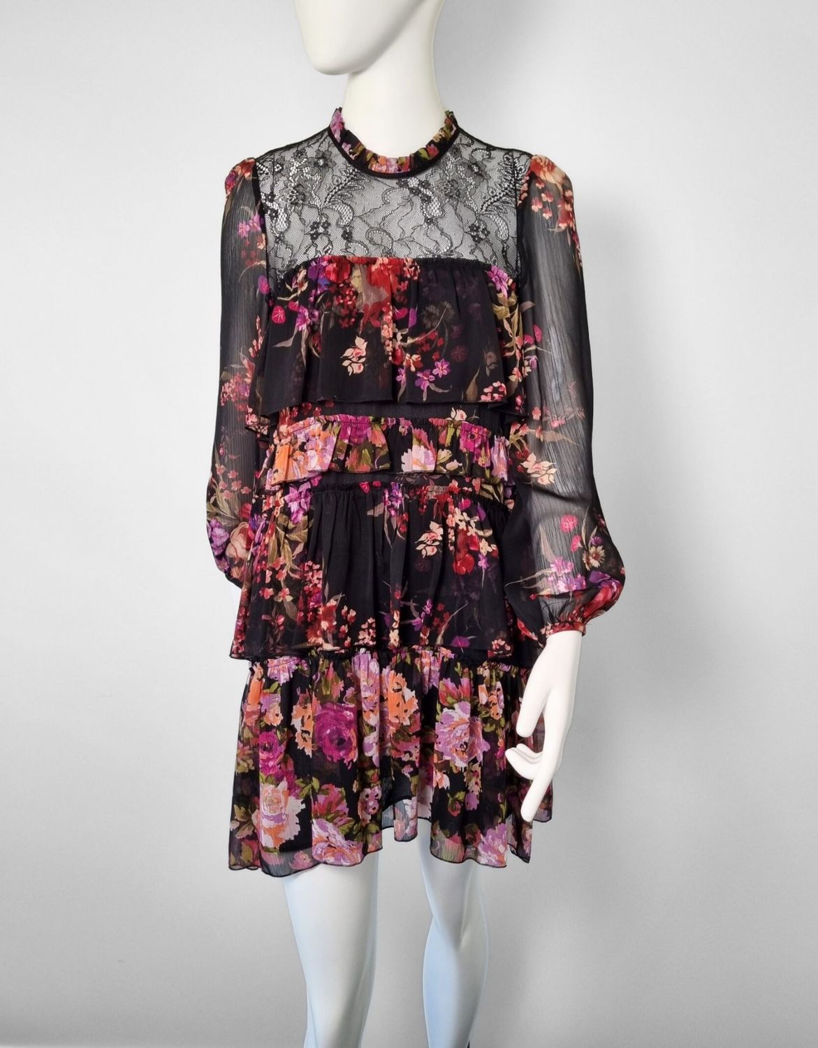 Zara black floral ruffle mini dress size S designer Recycle