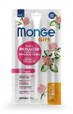 Monge Gift Skin Support Gatto Ricco In Merluzzo Con Trifoglio Rosso - Soft Stick 150gr