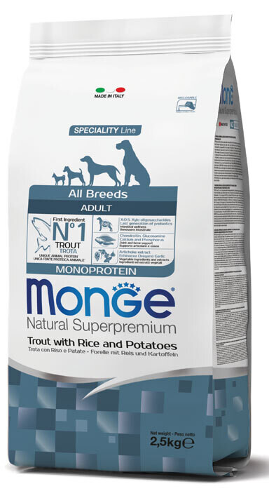 All Breeds Adult Trota, Riso &amp; Patate Monoprotein - Monge Natural Superpremium Secco Cane  12 Kg