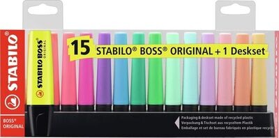 HIGHLIGHTERS - STABILO BOSS ORIGINAL DESK-SET - 15 ASSORTED COLORS 9 NEON + 6