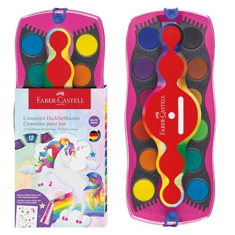 FABER CASTELL UNICORN CONNECTOR WATERCOLORS WITH STICKERS AND GLITTER TUBE