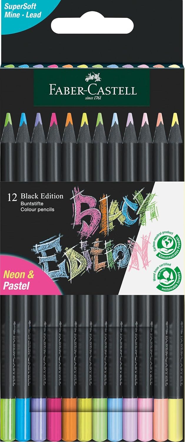 Faber-Castell Matite colorate Black Edition, colori neon e pastello, confezione da 12 matite