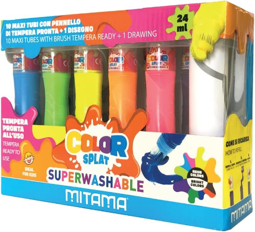 Mitama - ColorSplat, 10 Maxi Tubes with Ready-to-use Tempera Brush - Washable