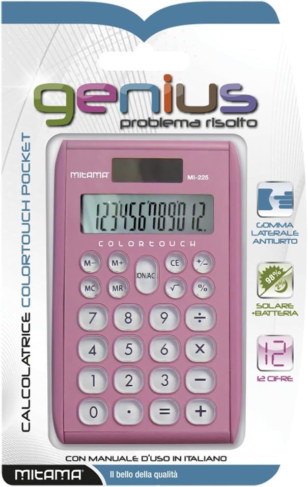 MITAMA CALCULATOR 12 digits 7.5X12 cm DUAL POWER GENIUS, assorted colors