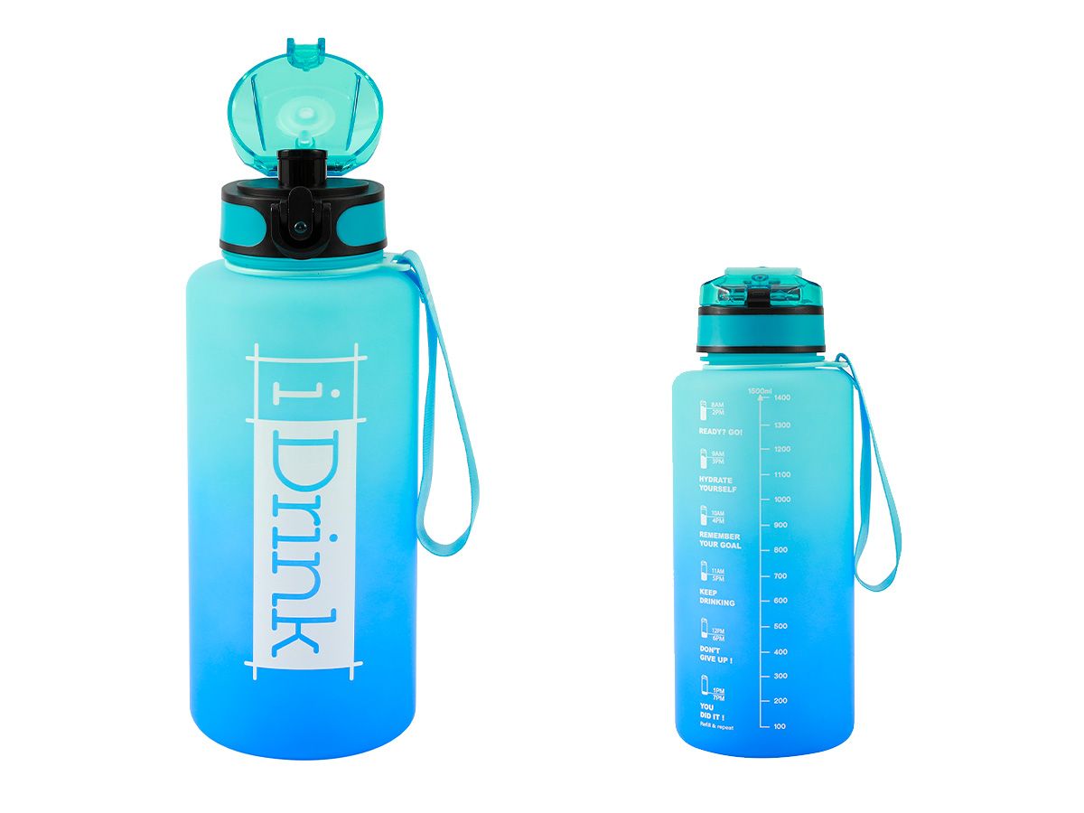 Motivational Tritan Water Bottle 1500 ml Blue and Light Blue