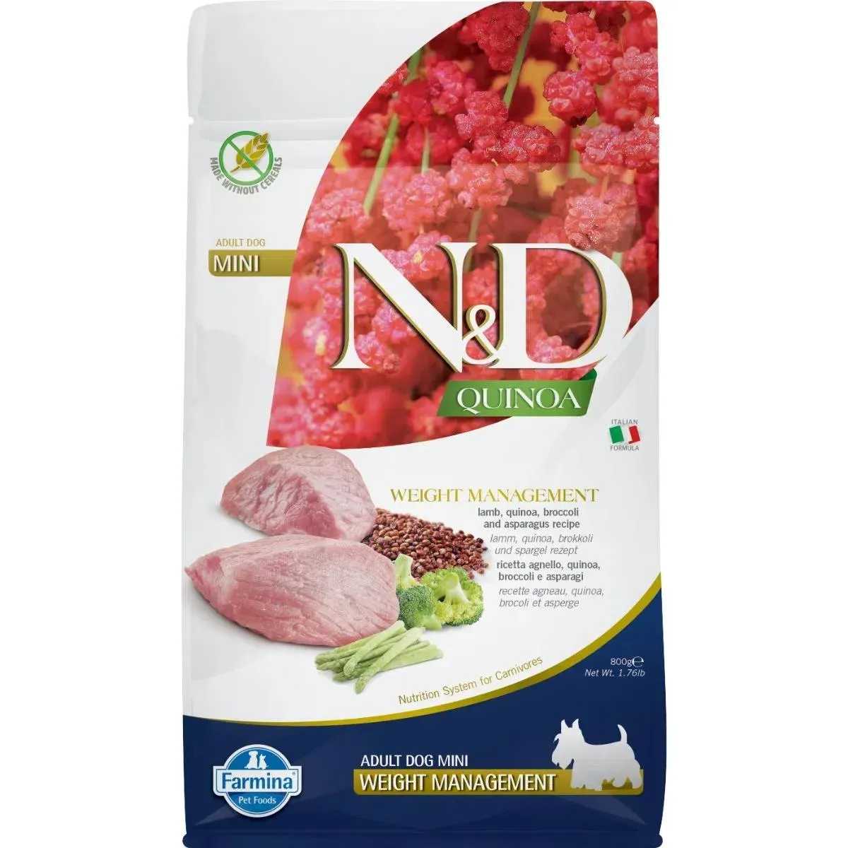 Farmina N&amp;D Quinoa Dog Weight Management Lamb, Broccoli And Asparagus Adult Mini Gr.800