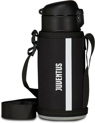 Juventus Kids Water Bottle, Black and White, with Shoulder Strap