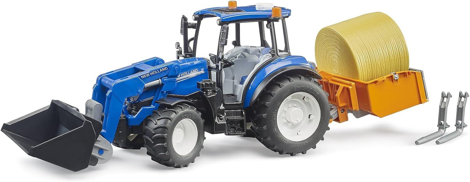 Bruder 02187 - New Holland T5.120 Tractor with Front Loader, Loading Box, Forks and Round Hay Bales