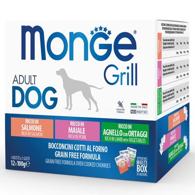 Monge Grill Multipack 12 Beutel Adult: Lamm mit Gemüse, Schwein, Lachs 12 x 100 g
