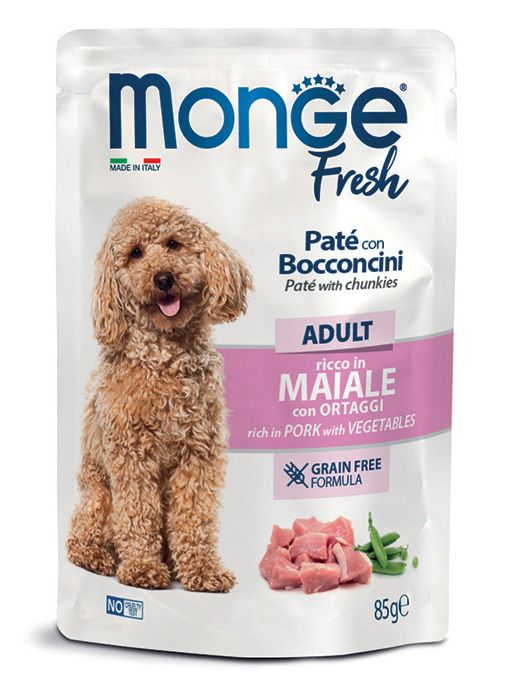 Monge Fresh Adult Paté con Bocaditos rico en Cerdo y Verduras 85 g