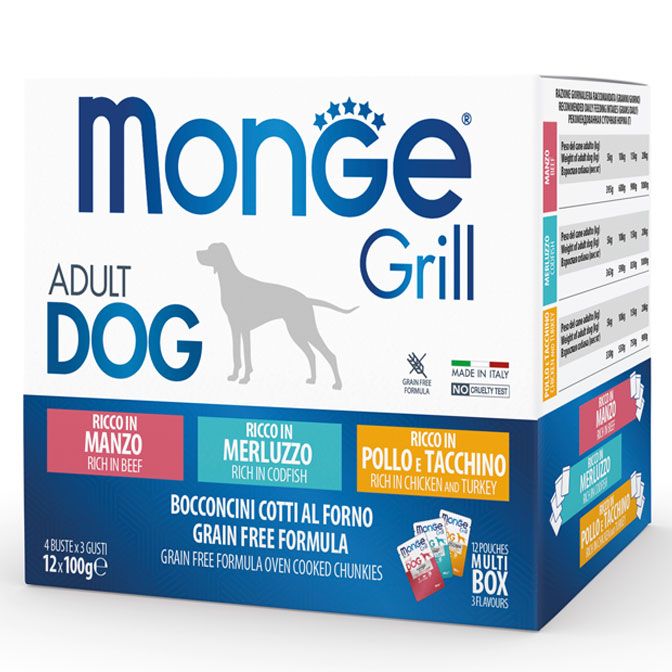 Monge Grill Multipack 12 Pouches Adult: Chicken and Turkey, Beef, Cod 12 x 100 g