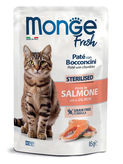 Monge Fresh Sterilised Paté con Bocaditos rico en Salmón 85 g
