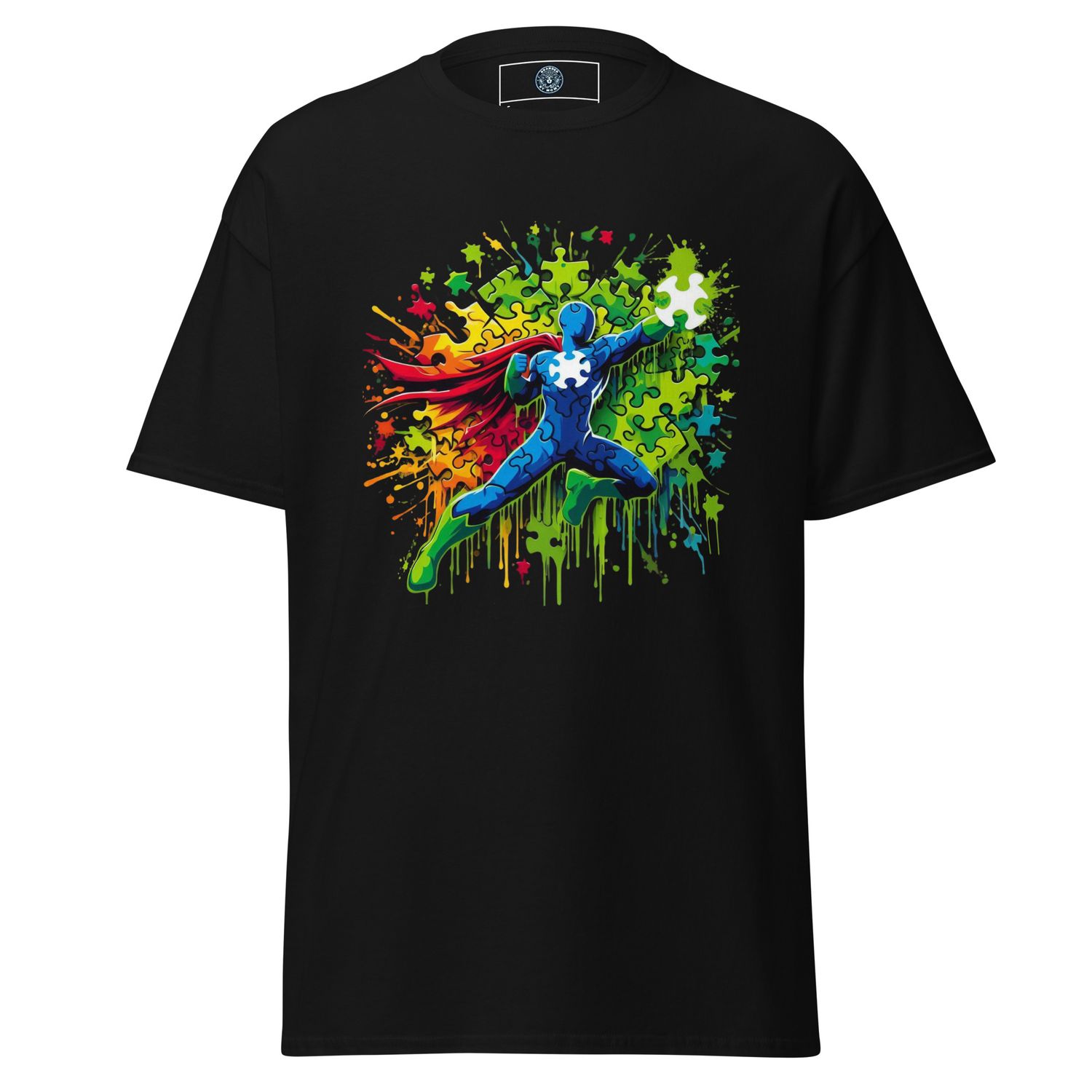 Autism Hero Puzzle Splash Tee – Vibrant Spectrum Superhero Shirt