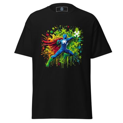 Autism Hero Puzzle Splash Tee – Vibrant Spectrum Superhero Shirt