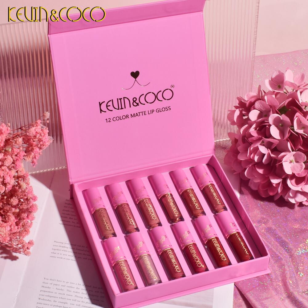 KEVIN&amp;COCO Pink Box 12 Color Matte Lipgloss Set Lip Gloss Colourful Gift Box Set Birthday Gift Anniversary Gift