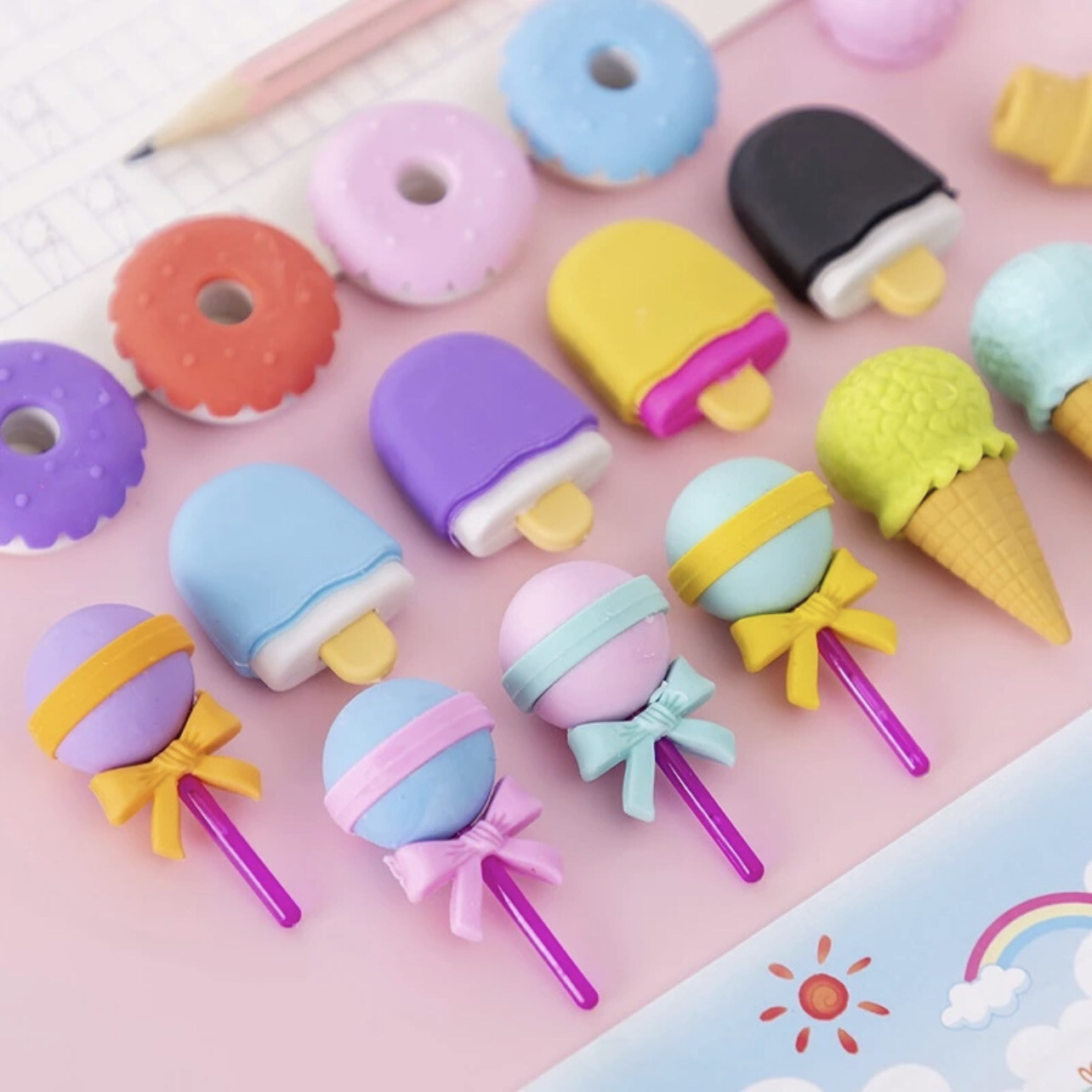 4Pc candy-colored bear eraser, dessert lollipop eraser, cartoon eraser, creative eraser, stationery, school supplies 6set $10.00