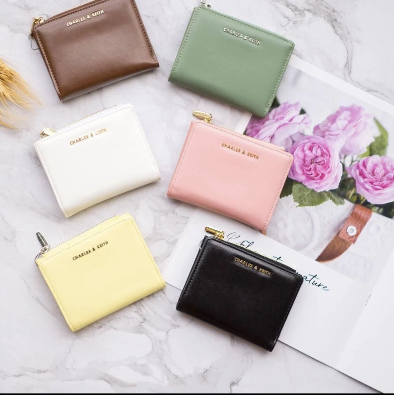 CHARLE&amp;KEIT21 spring simple pure color toffee color multi-card mini wallet female Charles And Kei CK Wallet Purse + Box
