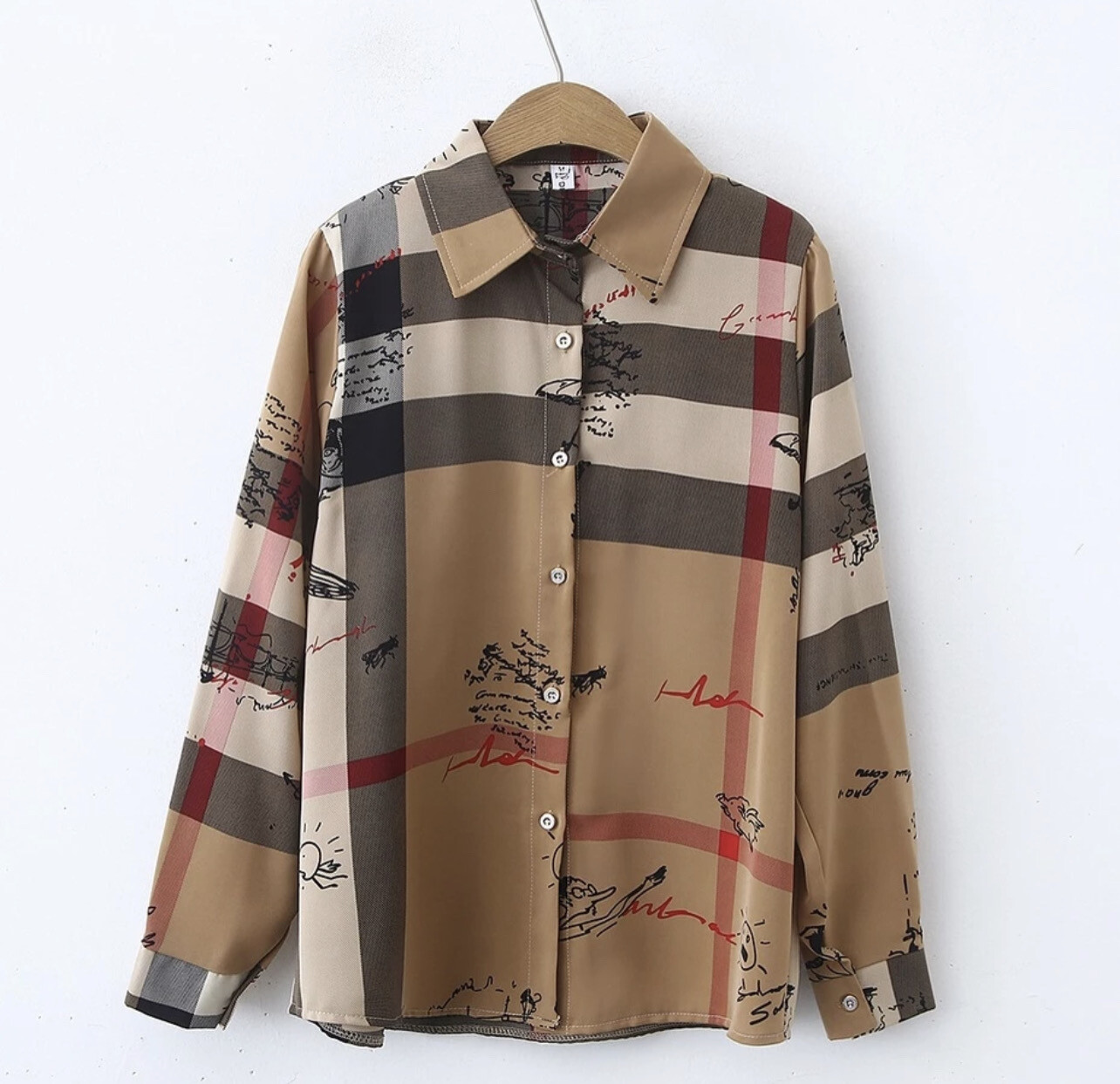 ￼Ready stock  women&#39;s spring and autumn new korean style satin print long sleeve shirt