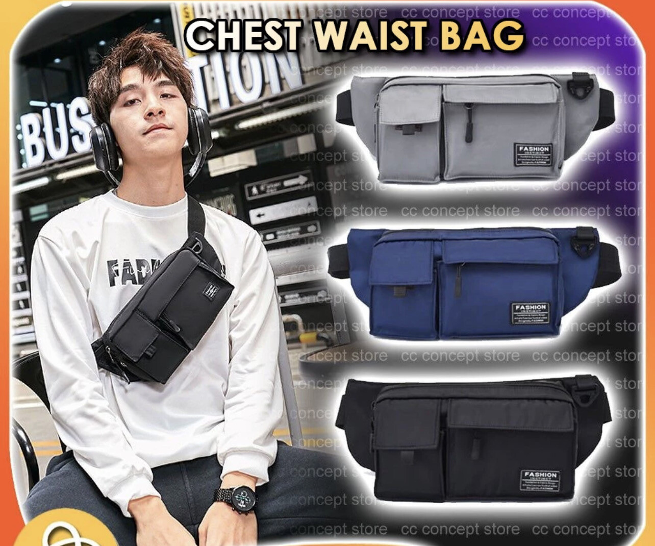 ￼CC CONCEPT Waist Bag Men Chest Bag Crossbody Bag Outdoor Waterproof Sling Bag Pouch Bag Beg Pinggan Lelaki