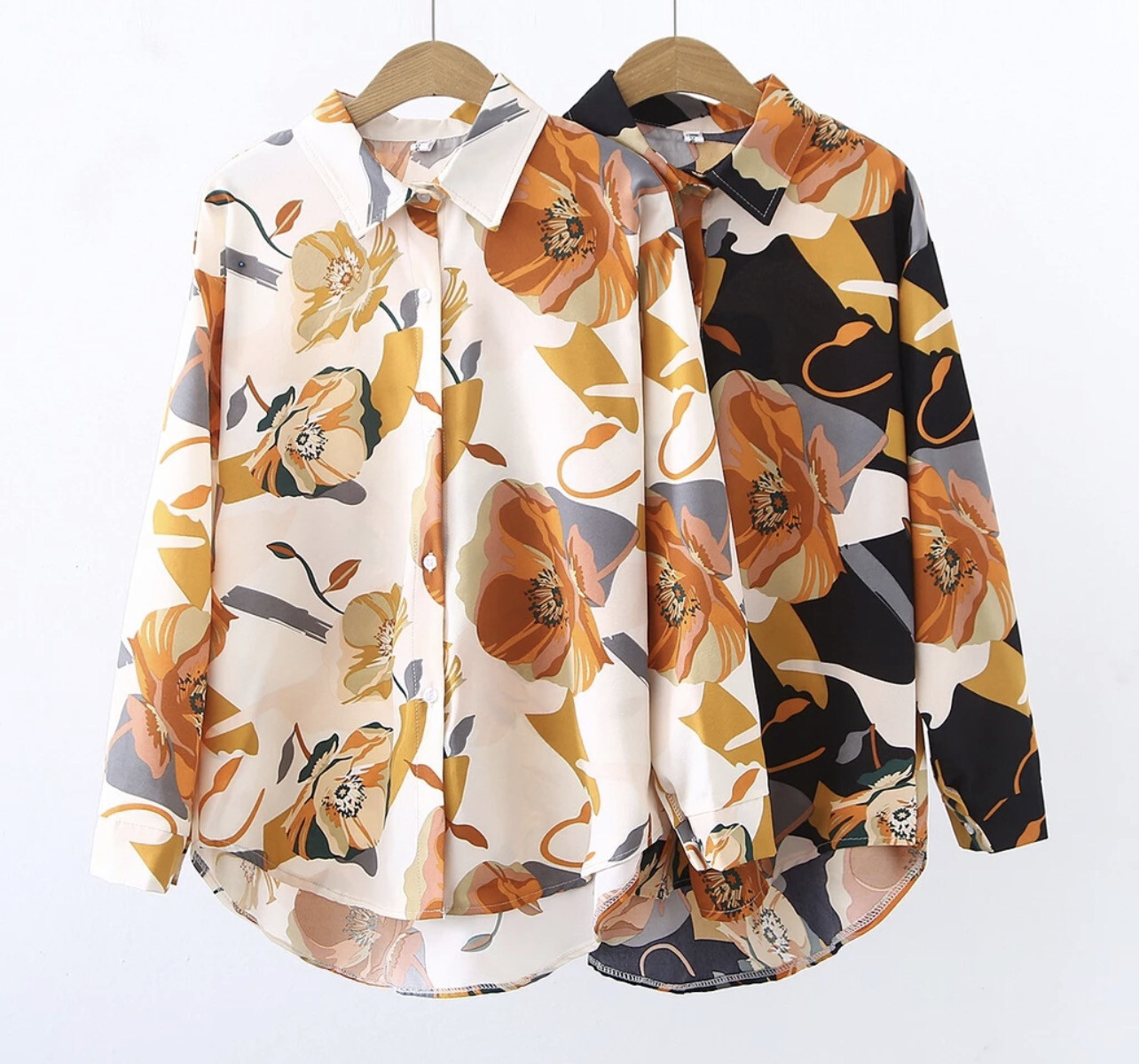 ￼Spring new temperament design sense niche shirt top chiffon shirt printing long-sleeved shirt women