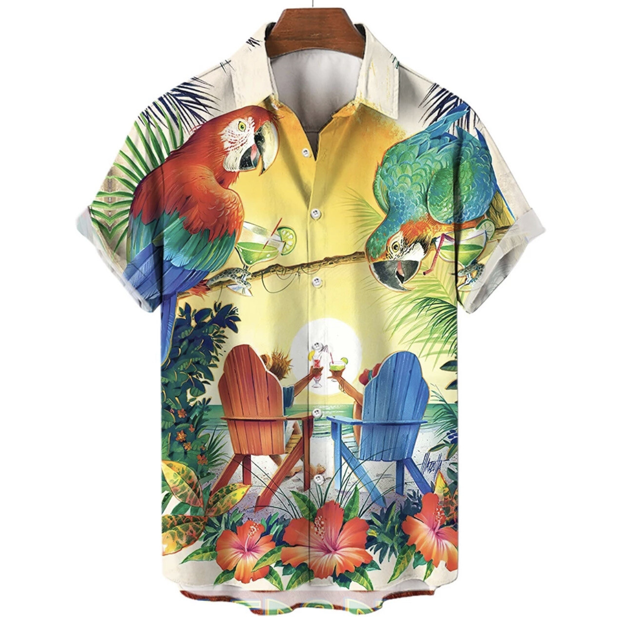 Funny Parrot Shirt For Men Fashion Short Sleeve T-shirt Lapel Single-breasted Men&#39;s Shirt Streetwear Harajuku Male Clothing Tops