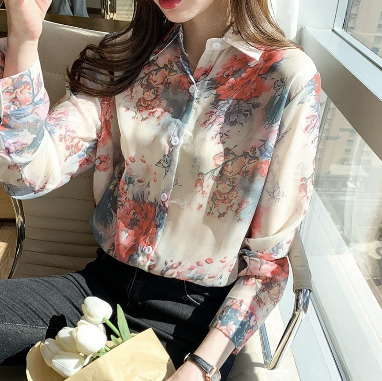 ￼Baju Kurung Women&#39;s Long-sleeved Blouses Chiffon Print Shirt Elegant OL blouse