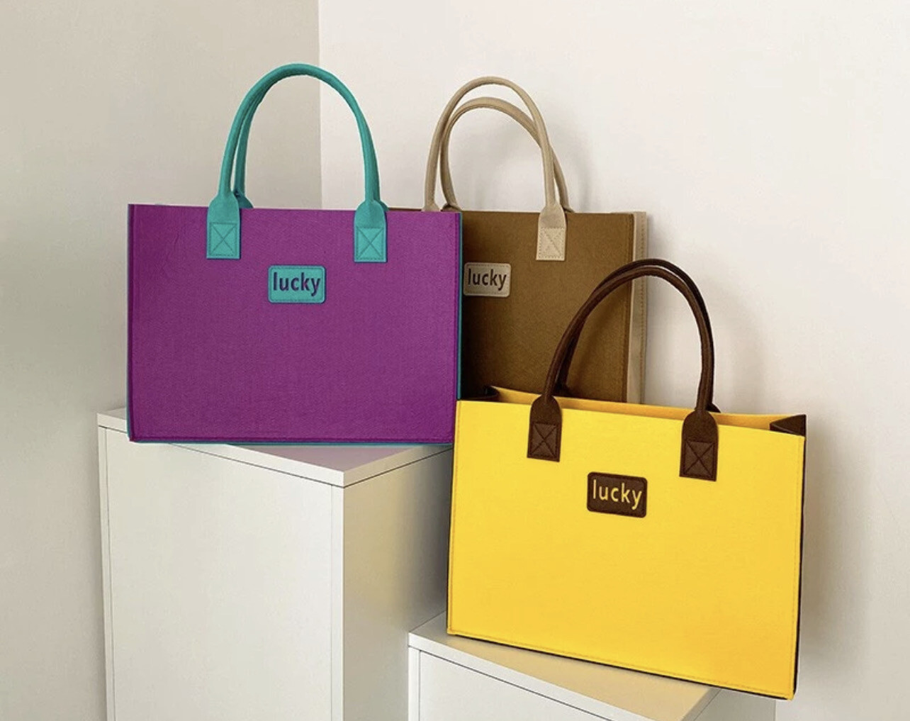 Fashion Simple Contrast Color Felt Bag Lightweight Western Style Handbag Literary Ladies Open Shoulder Large Portable Shopping Influencer Tote 2pcs $10.00