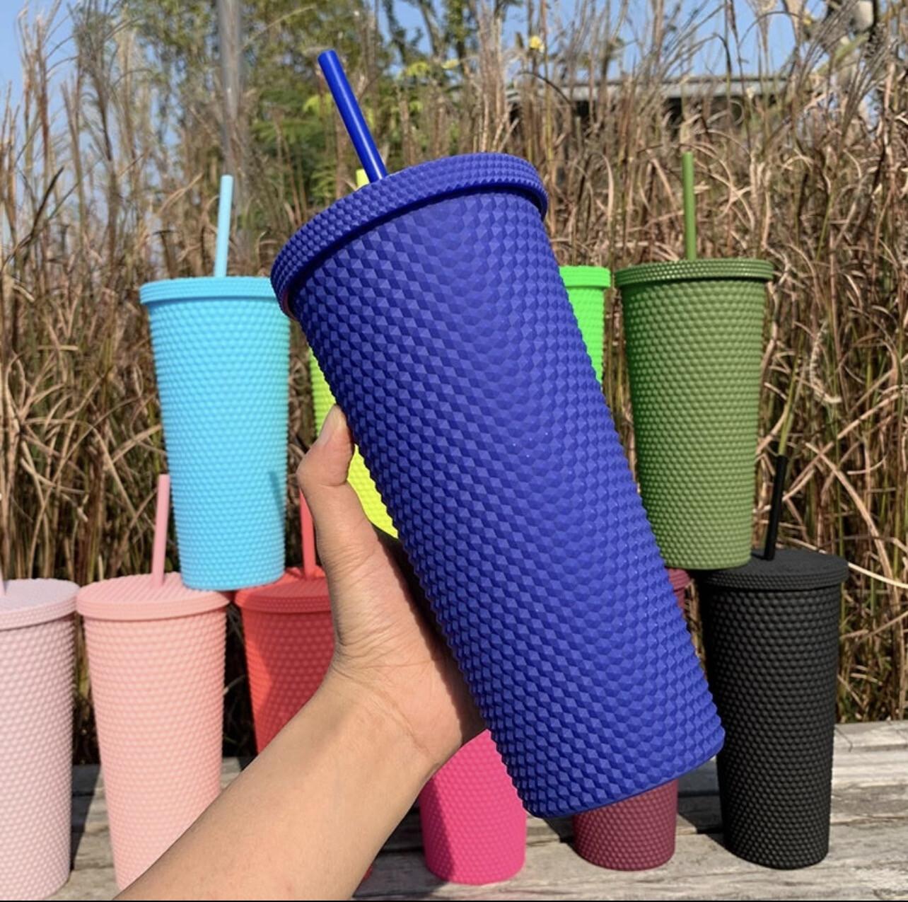 ￼no logo 24OZ Starbucks straw cups Same style Starbucks Tumbler Reusable Straw Cup water bottle Frosted Durian Series Diamond Studded Cup