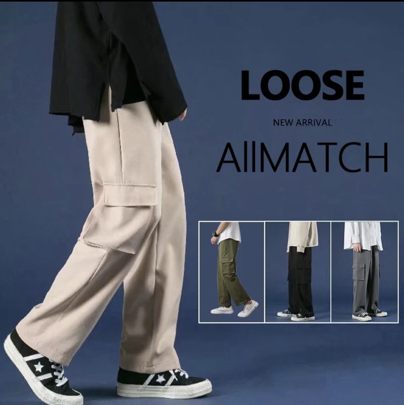￼【M-5XL】Plus Size Men&#39;s Straight Cut Cargo Pants Khaki Overalls Multi Pocket Drawstring Wide Leg Slacks Plain Pants For Mens Seluar Kargo Lelaki Casual Male Student Trousers