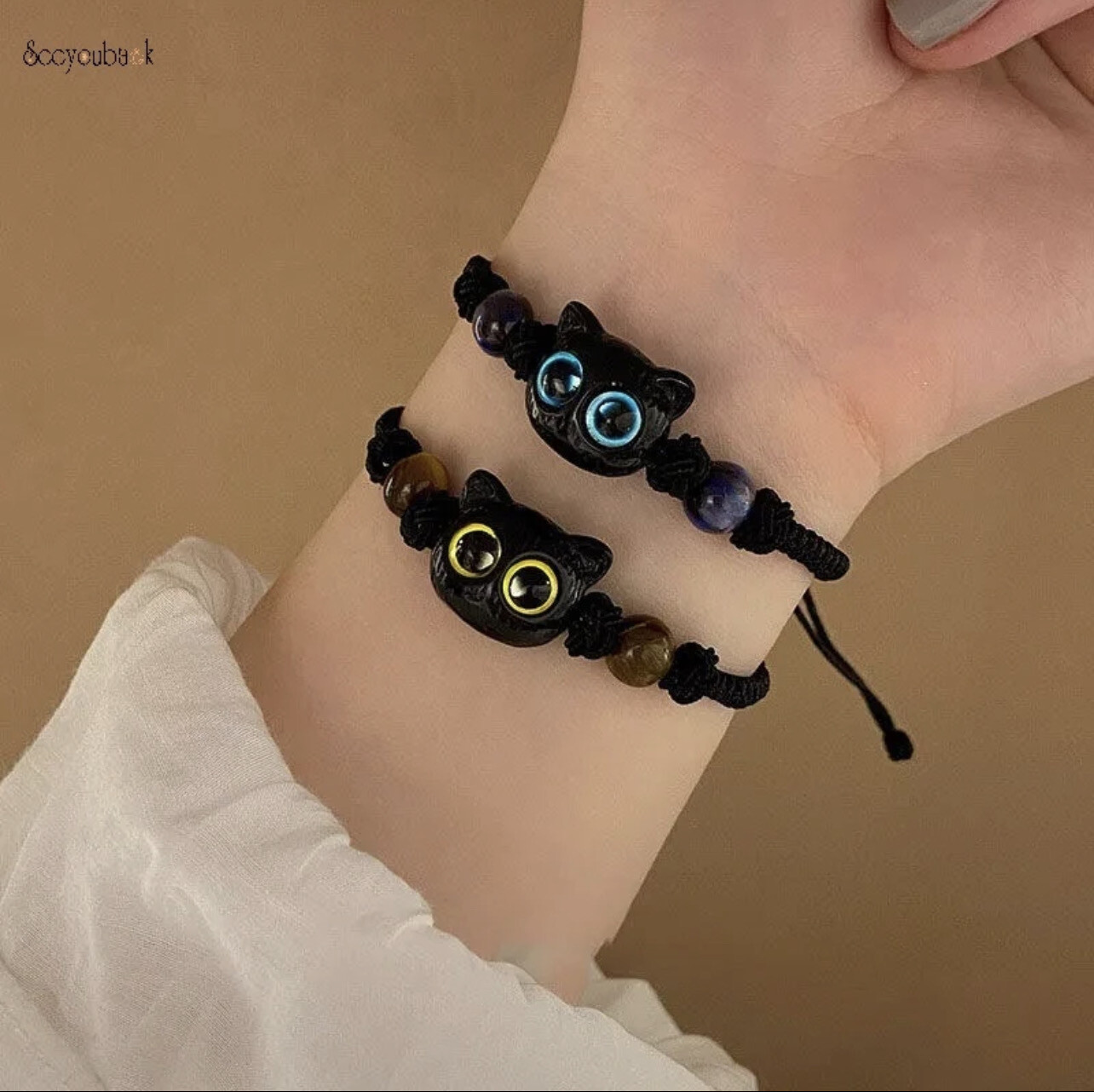 ￼Y2K Sweet Cool Beaded Lovely Little Cat Adjustable Woven Bracelet for Women Men Versatile Couple Cute Black Kitten Braided Rope Bracelets Adorkable Jewelry 6pcs $10.00
