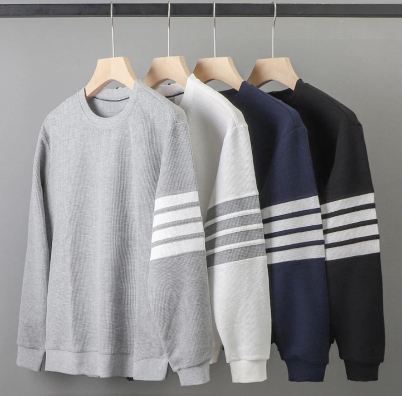 Sweater Lelaki New Autumn Waffle Long-sleeved T-shirt Men&#39;s Fashion Loose Round Neck Top T59