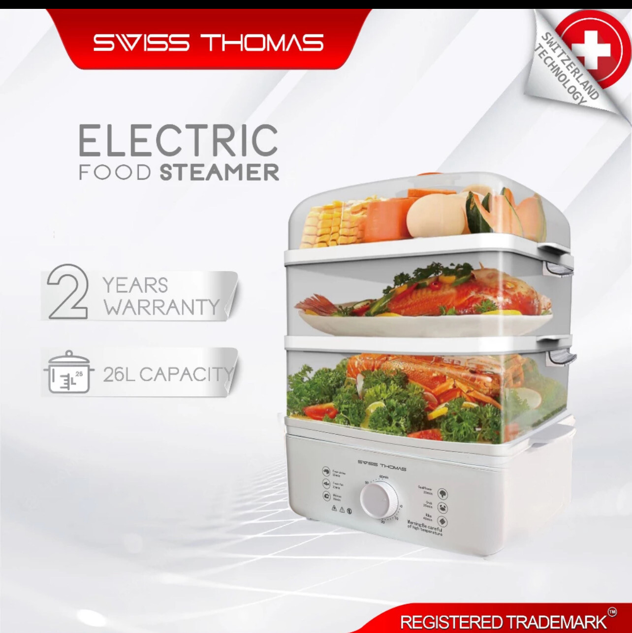 ￼Swiss Thomas Electric Food Steamer 3 Tier Transparent Cover (21L) Pengukus Elektrik Kukus