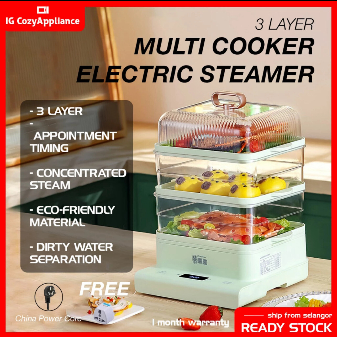 MANDOU 18-Liter 800W Multi Cooker Electric Transparent Steamer 3 Layer Eco Friendly Material Safe Against Dry Burning