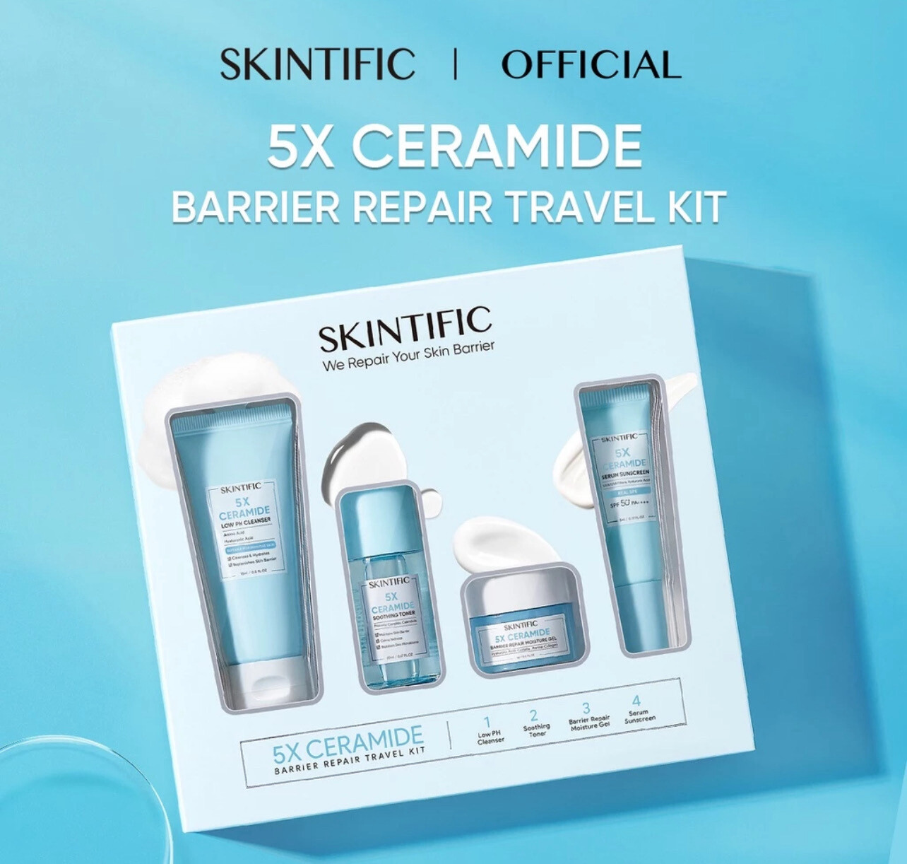 ￼SKINTIFIC 5X Ceramide Travel Kit Skincare Paket Moisturizer + Cleanser + Soothing toner + Serum Sunscreen