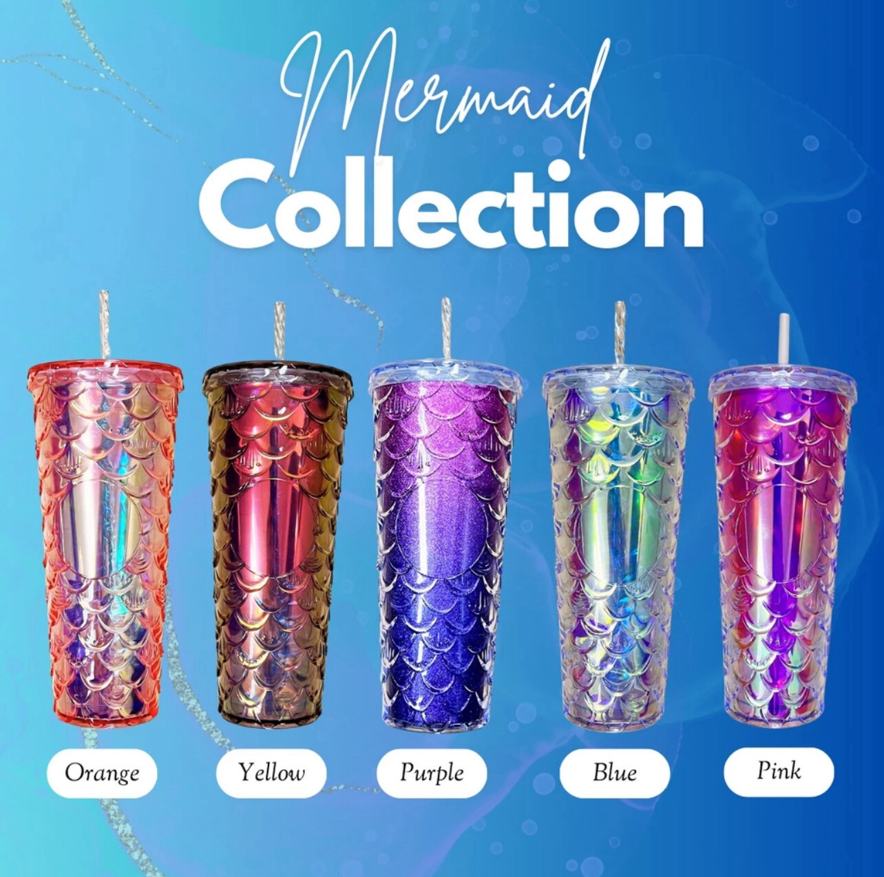 ￼Reusable Tumbler Cup With Straw Studded/Crystal/Mermaid Series Stainless Steel ABS Coffee Water Bottle 20/24oz