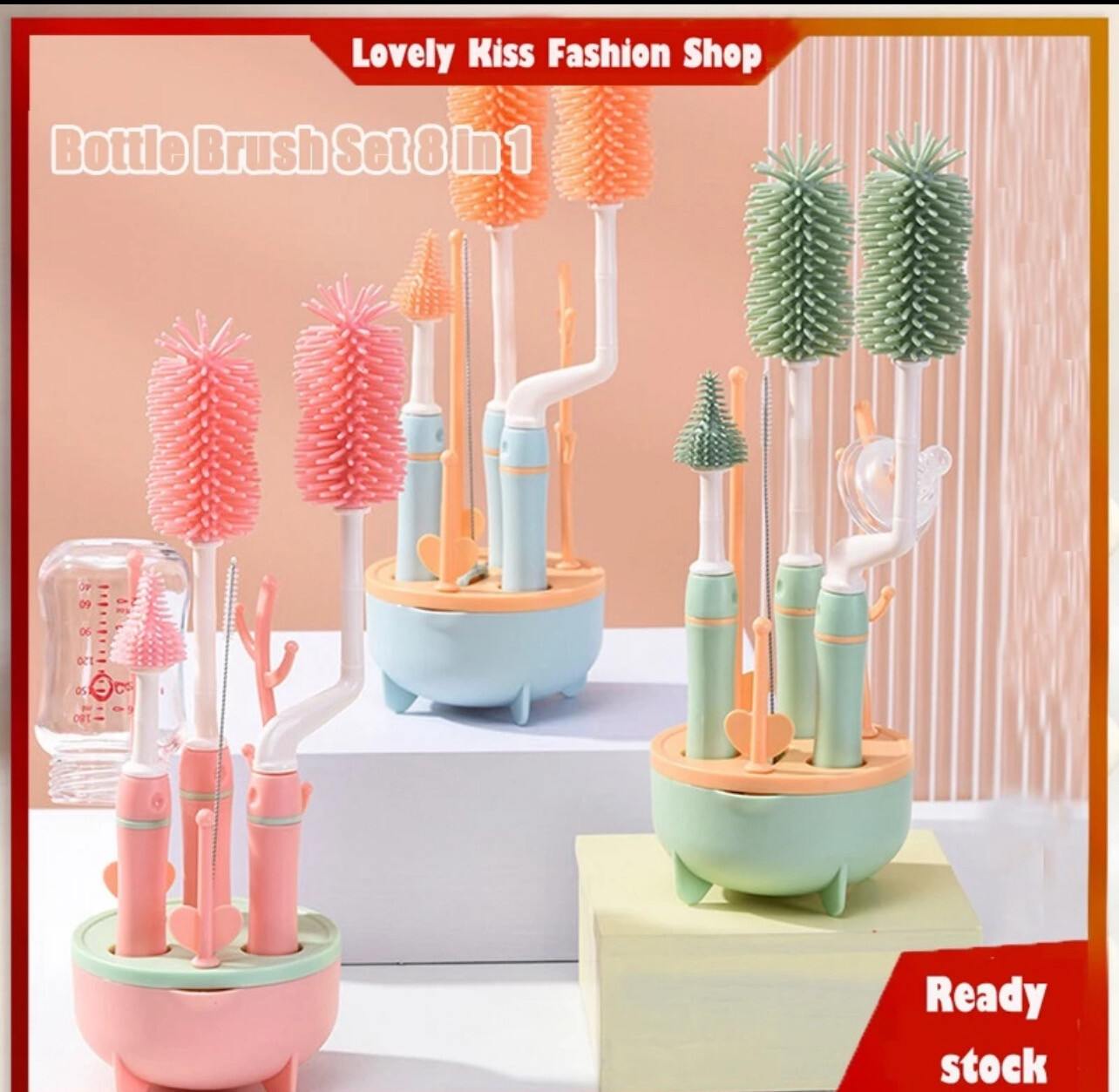 【in Stock】360 Degree Rotating Bottle Brush Set 8-in-1 Tool for Cleaning Bottle Straws and Cups with Drain Rack