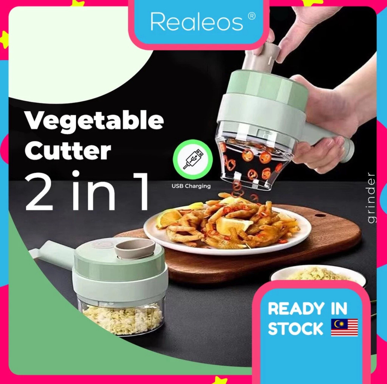 ￼Realeos Chopper Multifunctional Vegetable Cutter Rechargeable Electric Garlic Slicer Mashed Handheld Onion blender切菜器 (Promo) - Limited Time