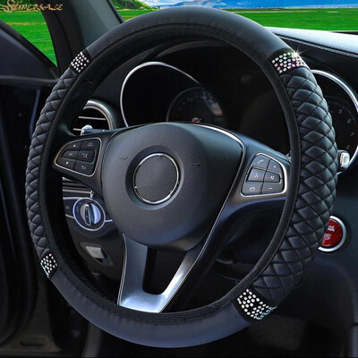 ￼Black PU Leather Diamond Car Steering Wheel Cover For 15&#39;&#39;/38cm 2pcs