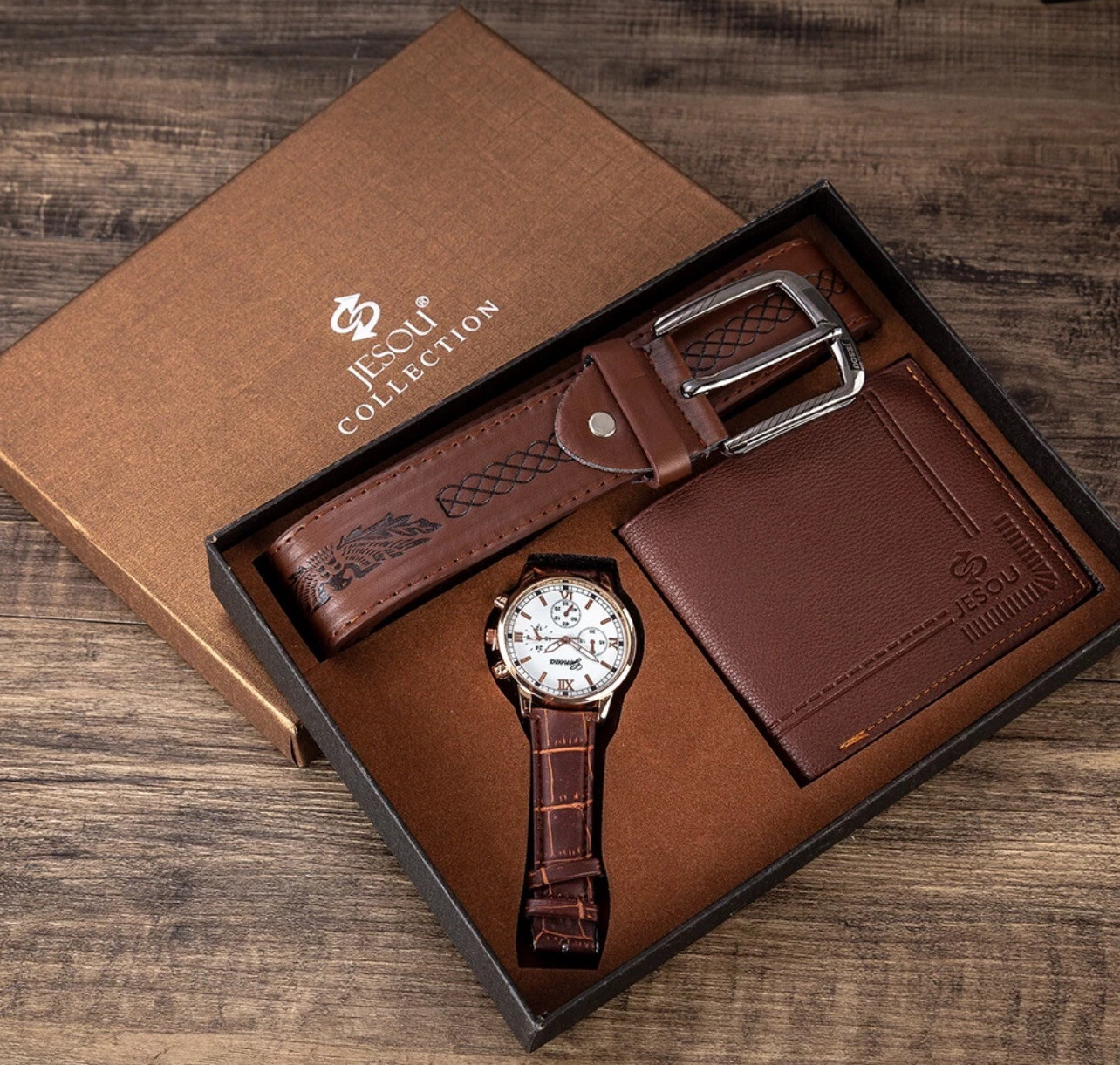 Ready Stock New 3pcs/set Men&#39;s Gift set jam tangan lelaki Cowhide Leather Bifold Wallet belts watch Gift Set Father&#39;s day gift Birthday Suprise gifts Valentine&#39;s Day Gift Set Brown Anniversary gift Ch